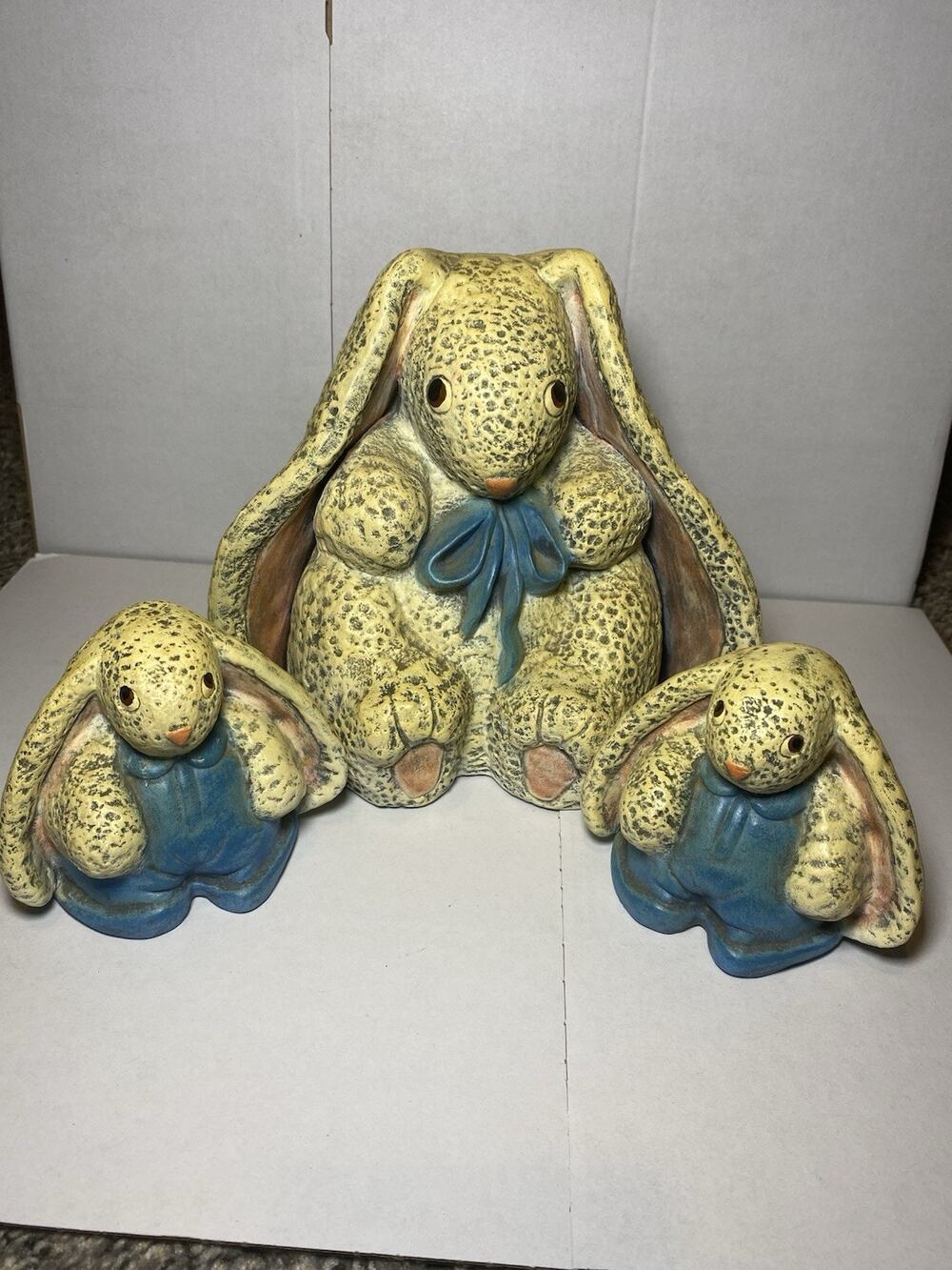 Hand Made Ceramic Bunny Momma Babies Figurine - Set Of 3 - Cream Color - Easter